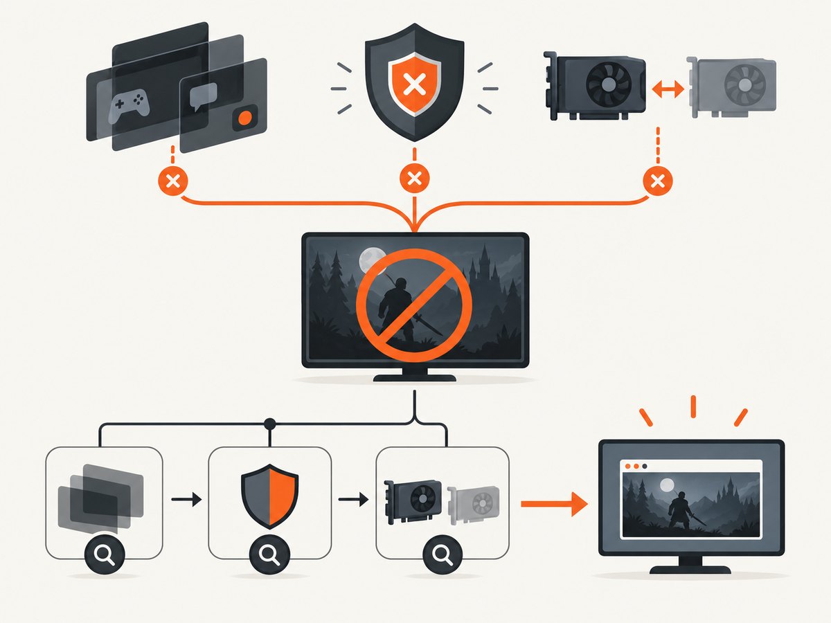 Hook conflicts, overlays, and GPU assignment are separate checks in the troubleshooting flow.