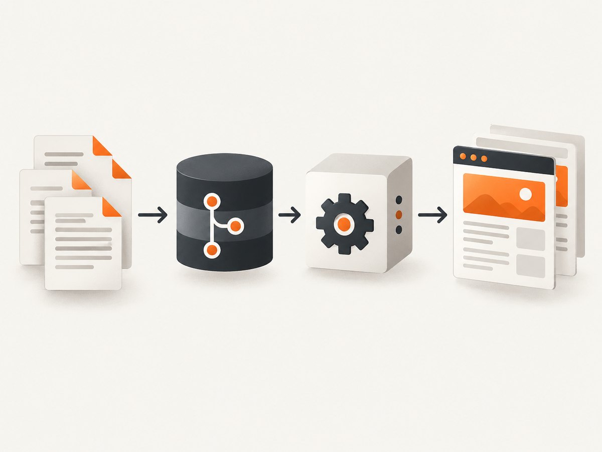 A docs-as-code workflow links source files and review to generated pages and a hosting destination.