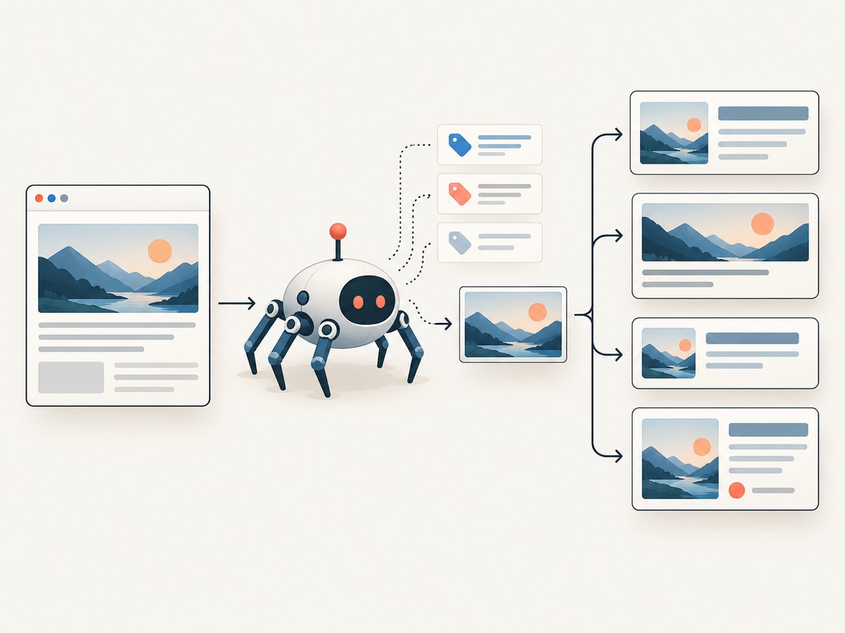 An OG tester reads page metadata, resolves the image, and previews likely link cards.