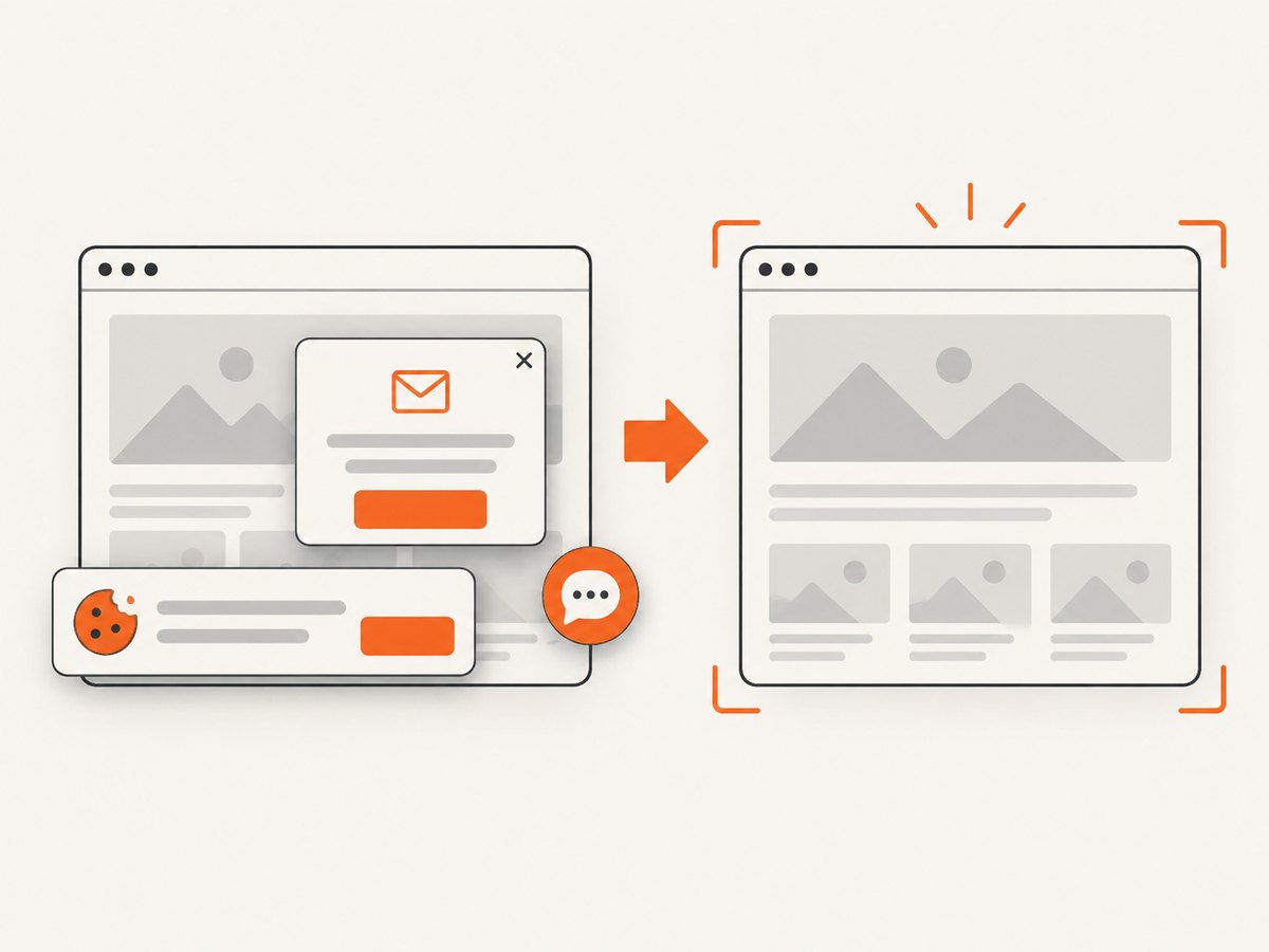 A clean capture removes consent banners, popups, and chat widgets before rendering the page image.