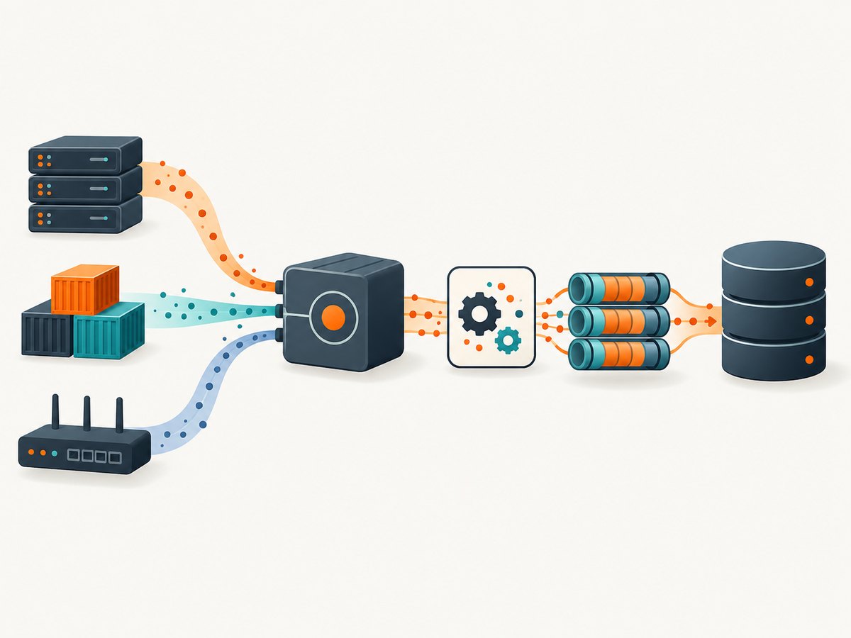 A collector receives, processes, and exports events; storage and search are separate layers.
