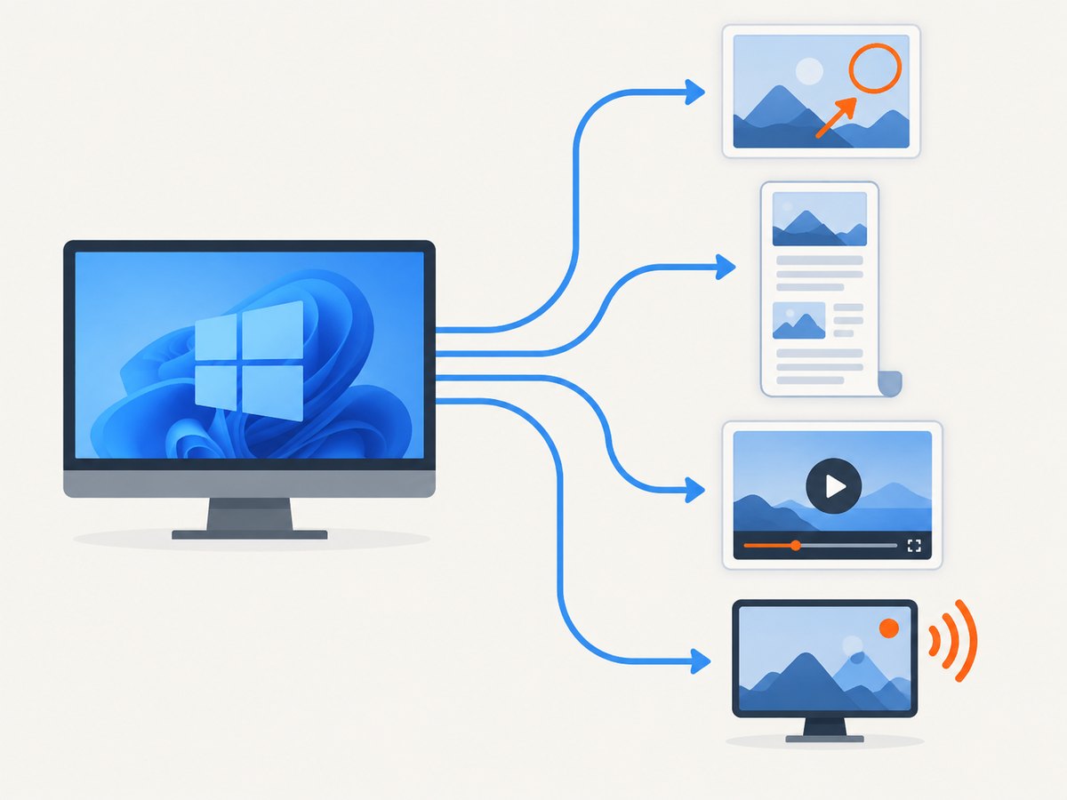 Choose the tool by the output you need: still image, scrolling capture, recording or live production.
