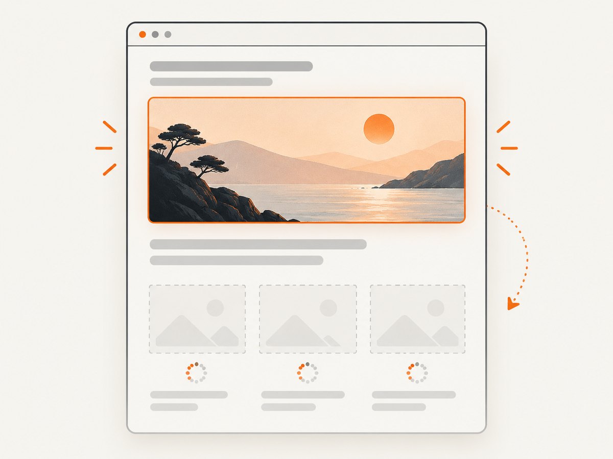 Dimensions prevent layout movement while loading priority keeps the most important image fast.