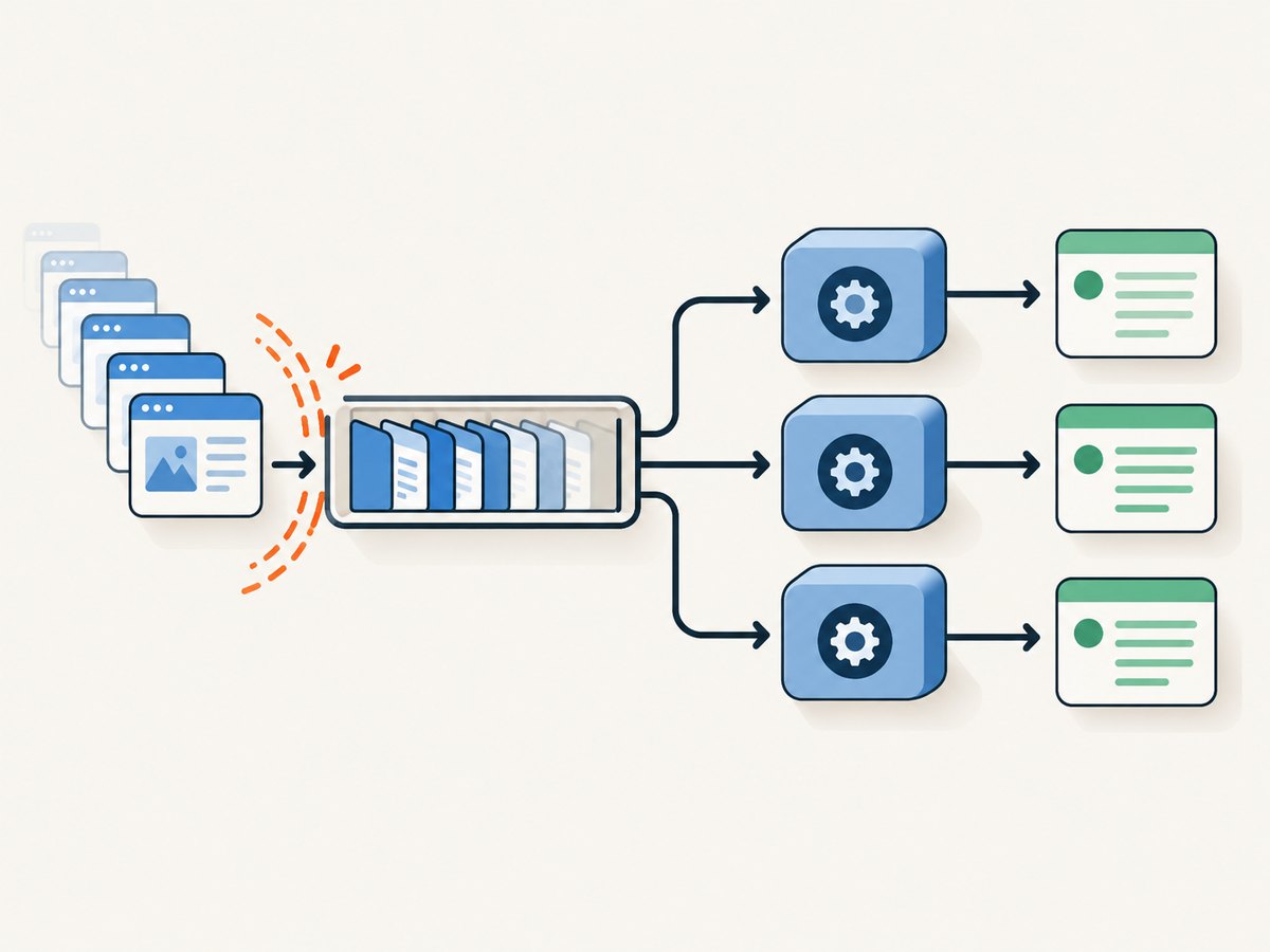 A bounded queue and fixed worker pool keep intake bursts from creating unbounded concurrent work.