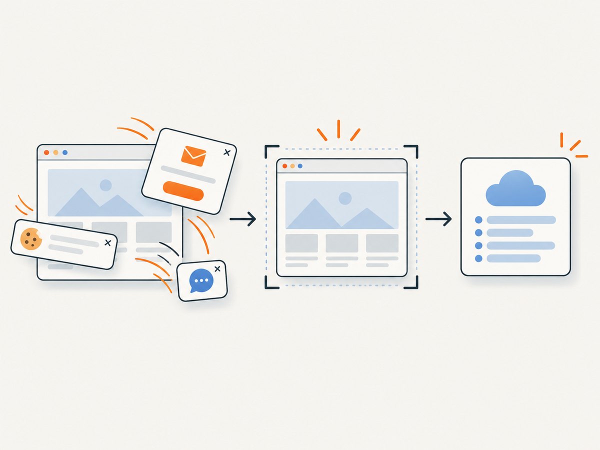 A clean capture flow removes common overlays before returning the page image.