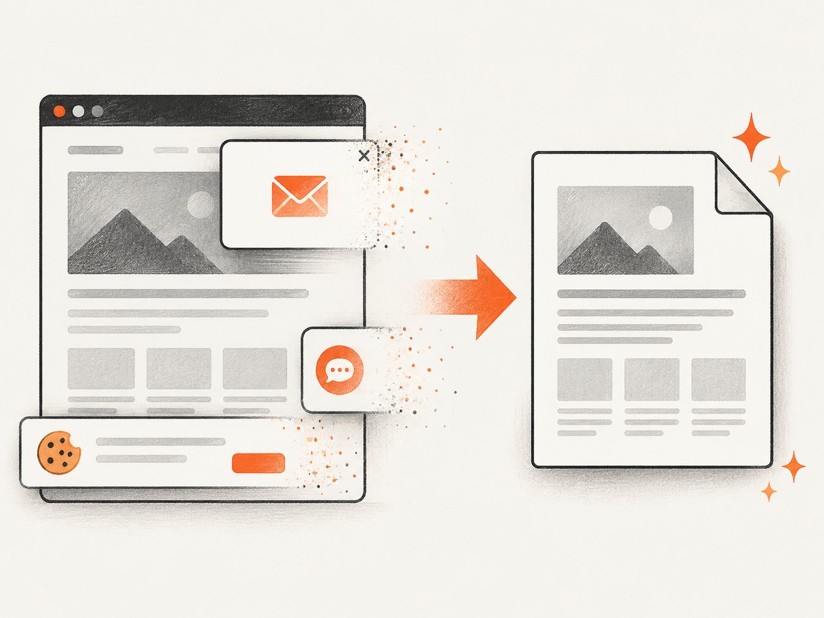 Website capture can remove common overlays before producing the result.