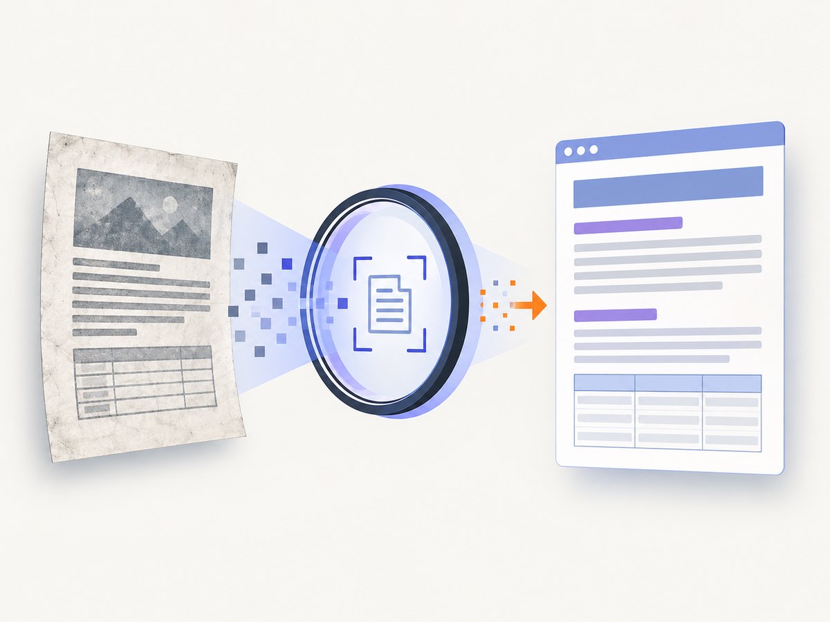 OCR makes scanned pages searchable, but the recognized structure still needs review.