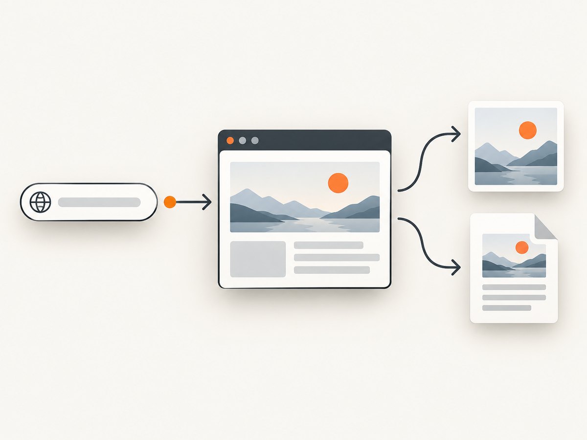 A browser automation request becomes a screenshot or PDF after navigation and rendering.