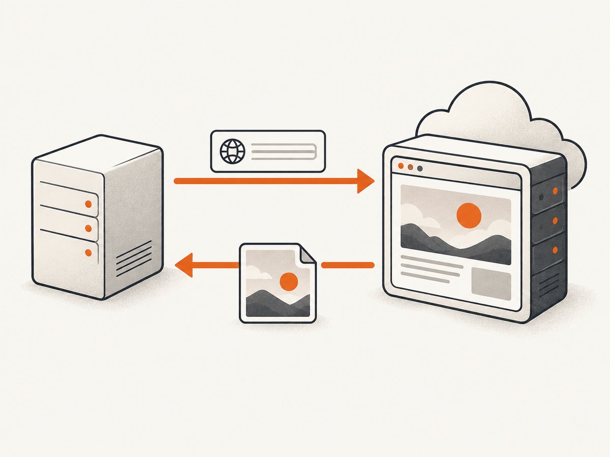 PHP sends capture settings to a remote renderer, which returns the finished image.