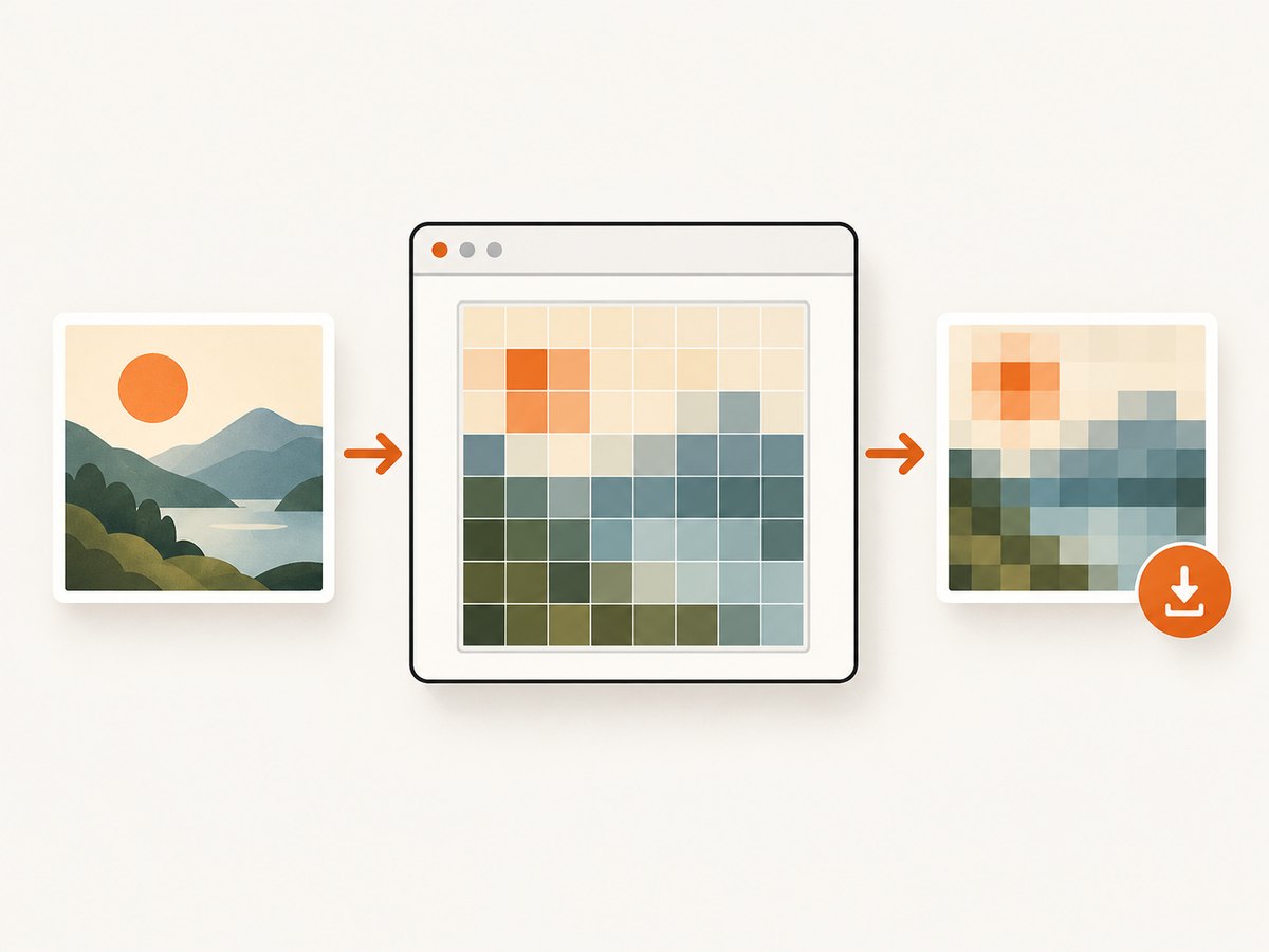 Canvas reads image pixels, applies block colors, and exports a new file.
