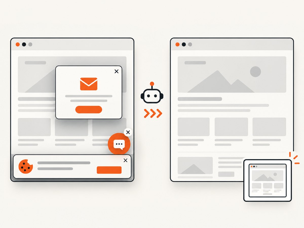 A screenshot service can remove common consent and overlay elements before capture.