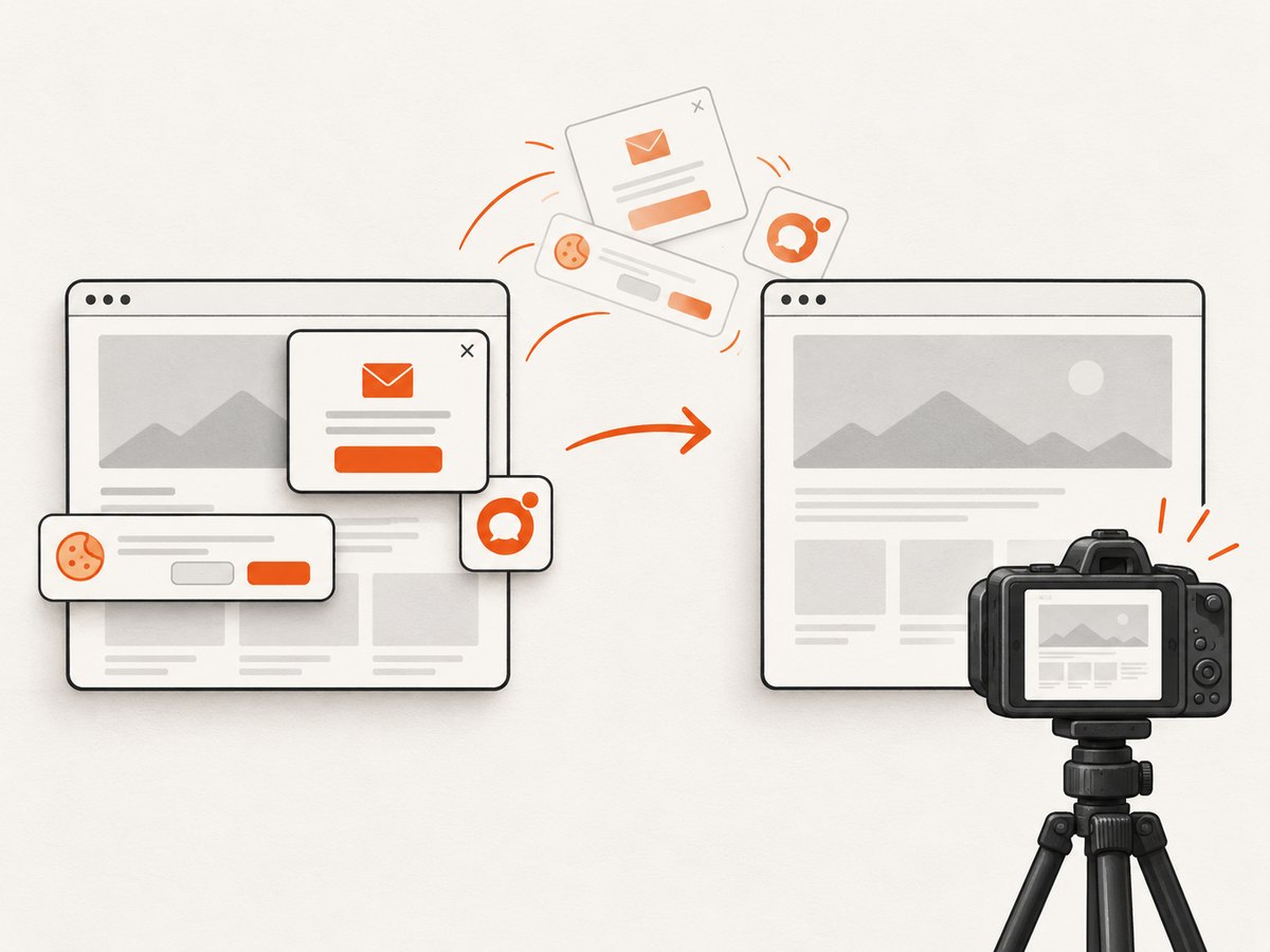 Automated capture can remove obstructing overlays before saving the page image.