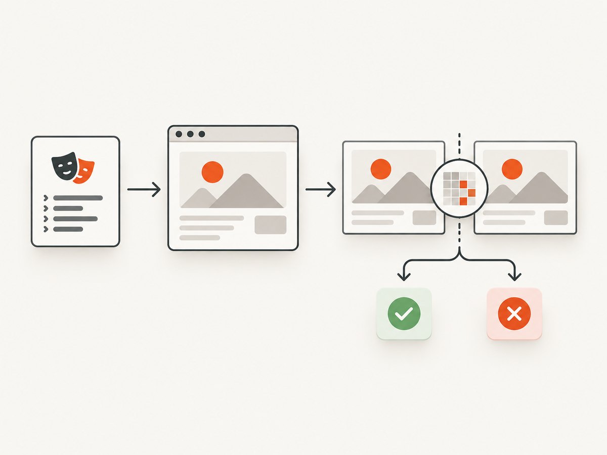 A deterministic browser render is captured, compared with its committed baseline and reviewed as a diff.