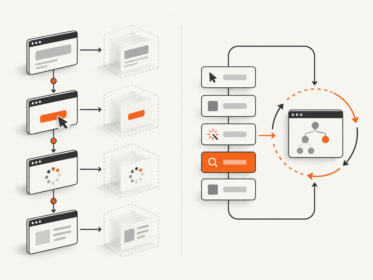 The frameworks express browser actions and waiting through different execution models.
