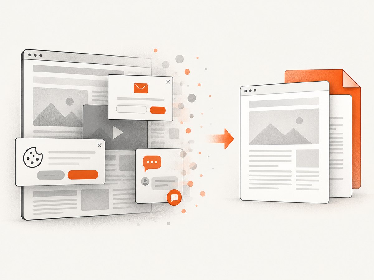 A clean capture removes obstructive overlays before rendering the page.