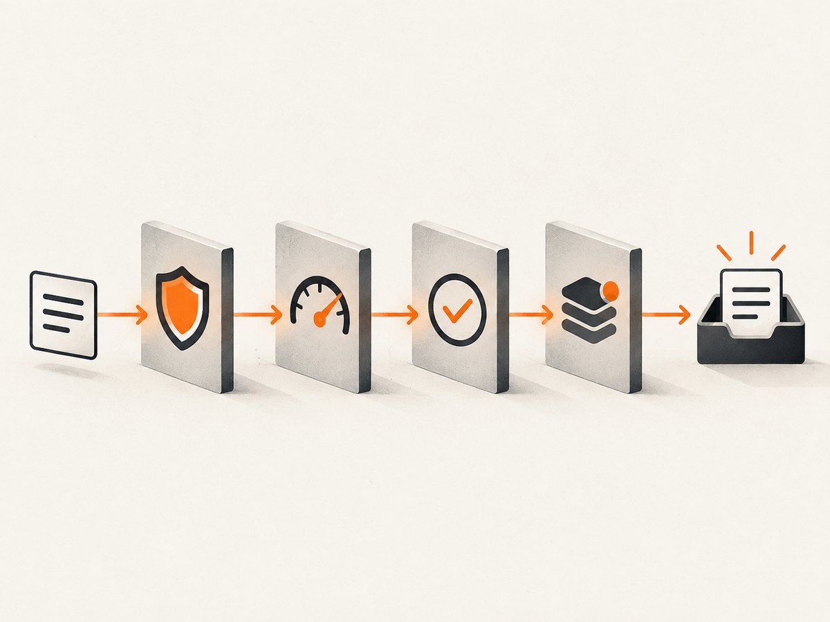 Layered controls inspect a submission before it reaches downstream workflows.