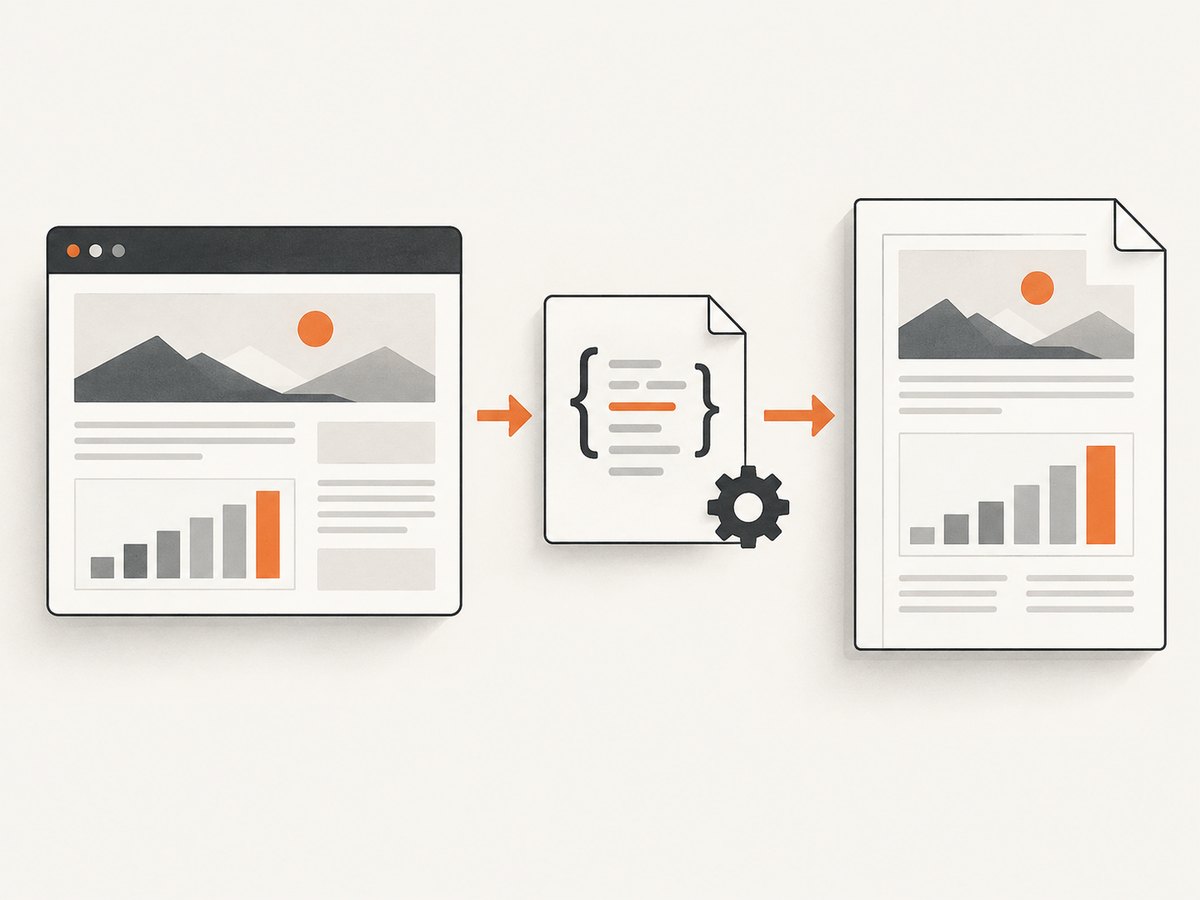 A rendered page becomes a PDF after print styles and chart sizing are applied.