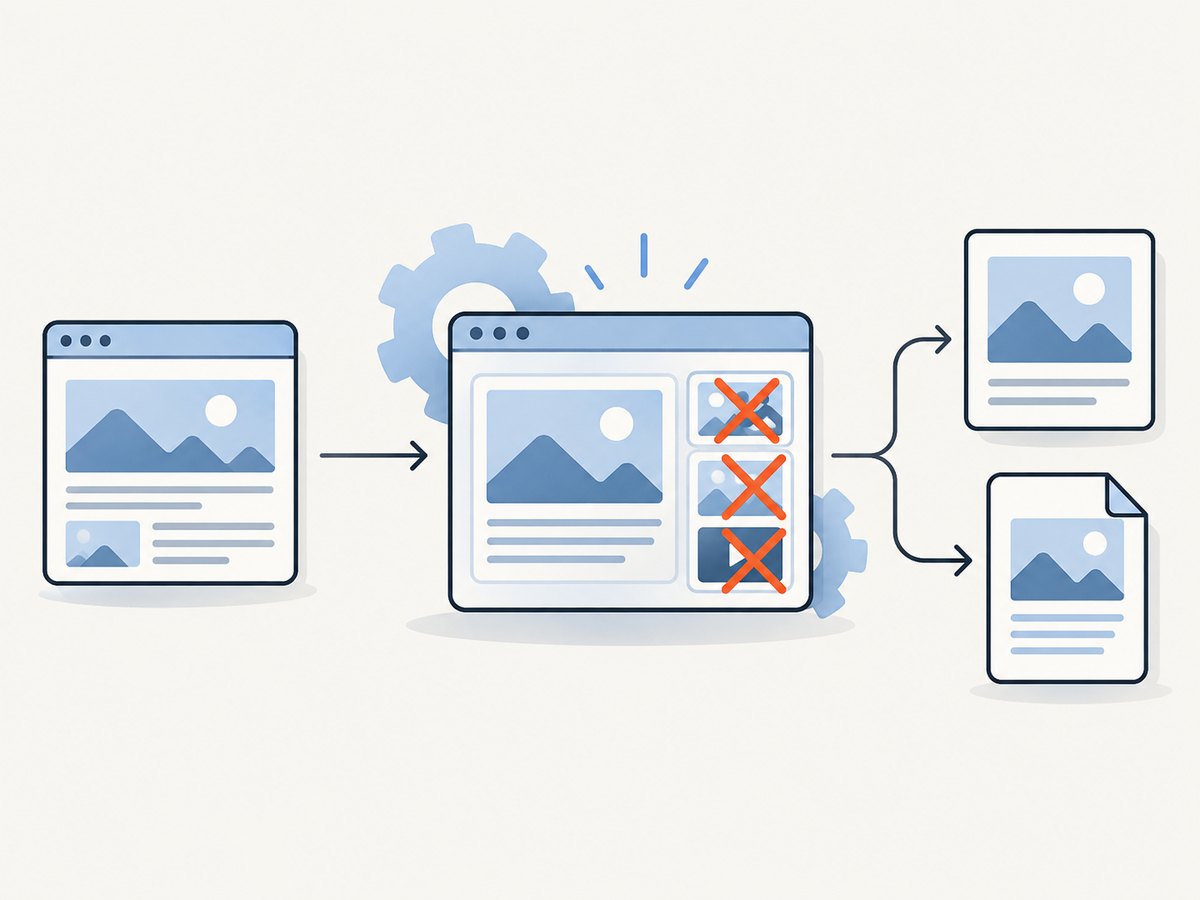 The capture pipeline can remove visual elements before producing a screenshot or PDF.