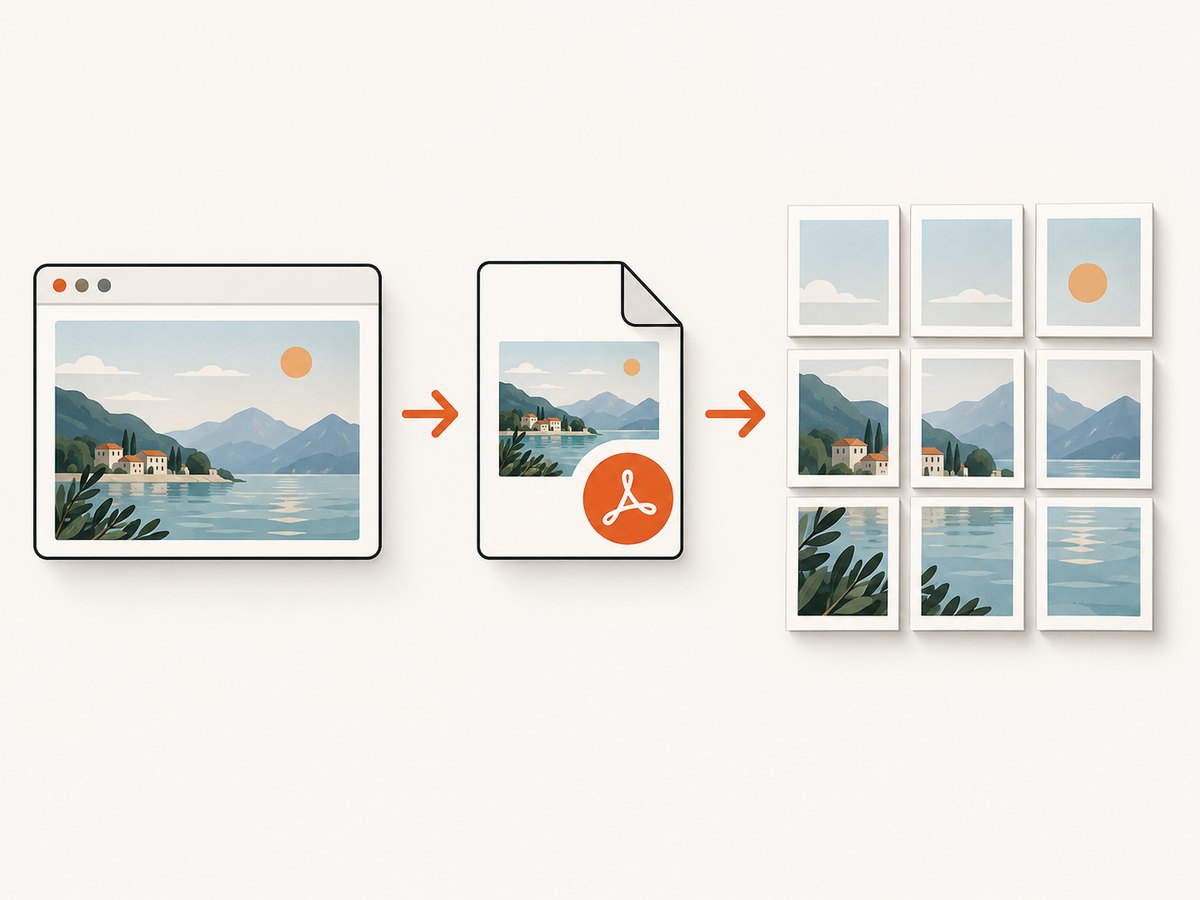 Save an image-only view to a stable PDF before Acrobat calculates the tile layout.