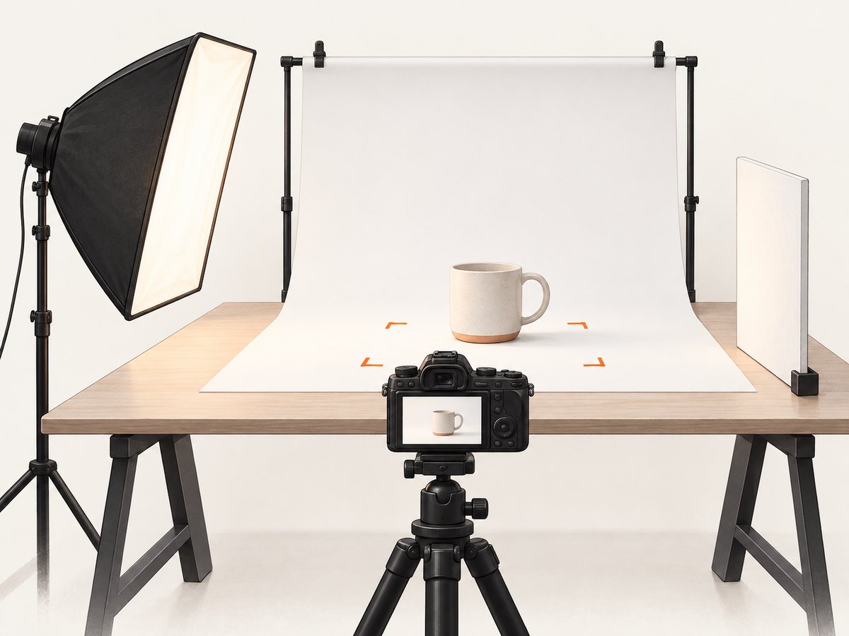 A fixed camera, background, and fill setup helps keep a large catalog visually consistent.