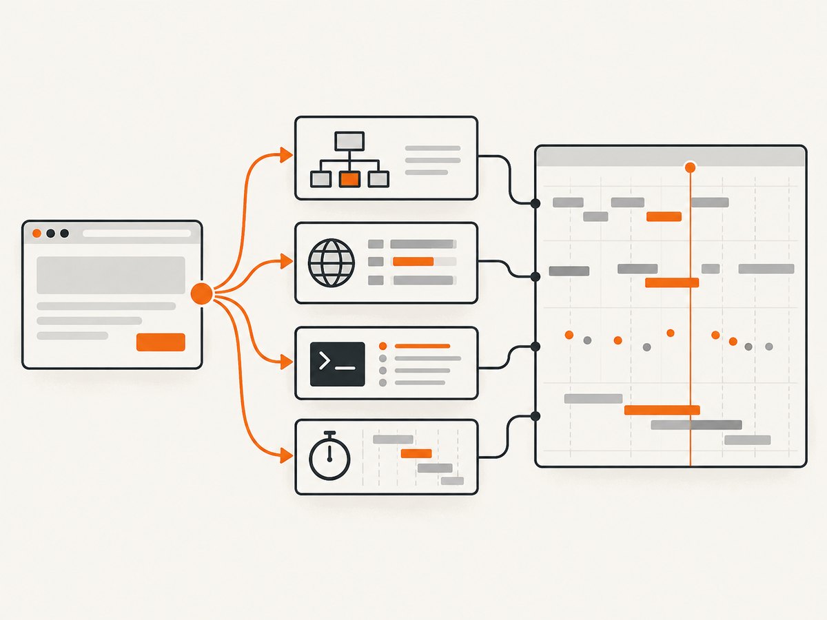 A trace connects the slow action to DOM, network, console, and source evidence.