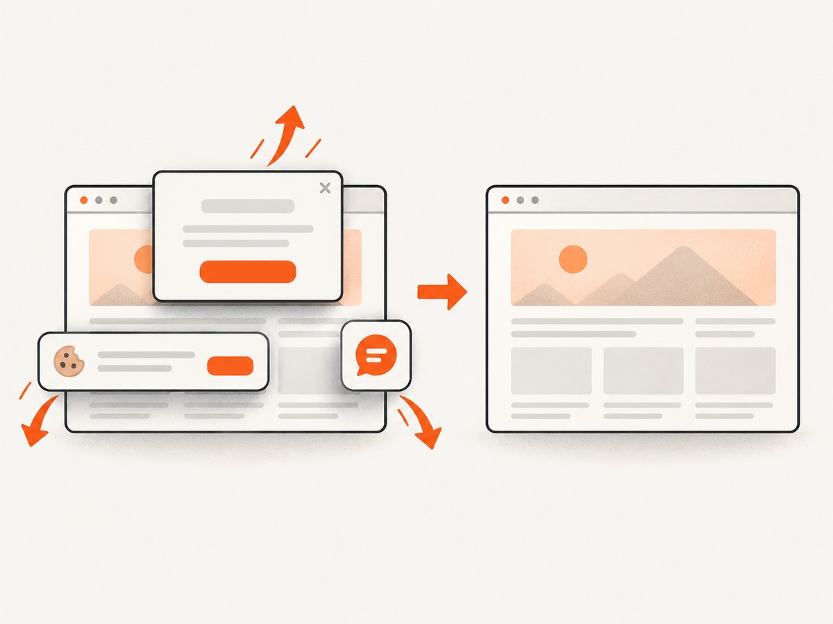 A clean capture removes consent banners, popups, and chat widgets before producing the image.