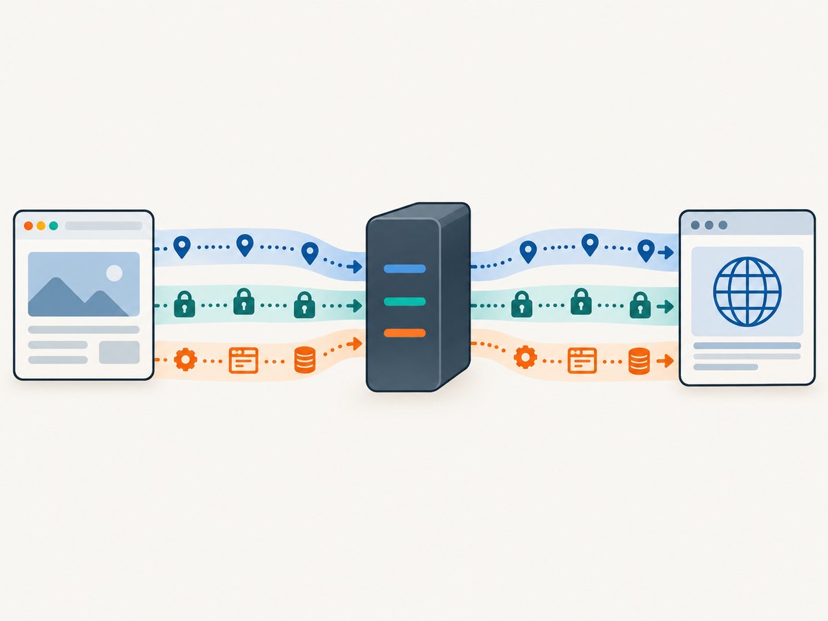 A proxy can change the destination-facing IP while HTTPS protects the application payload and metadata remains visible.