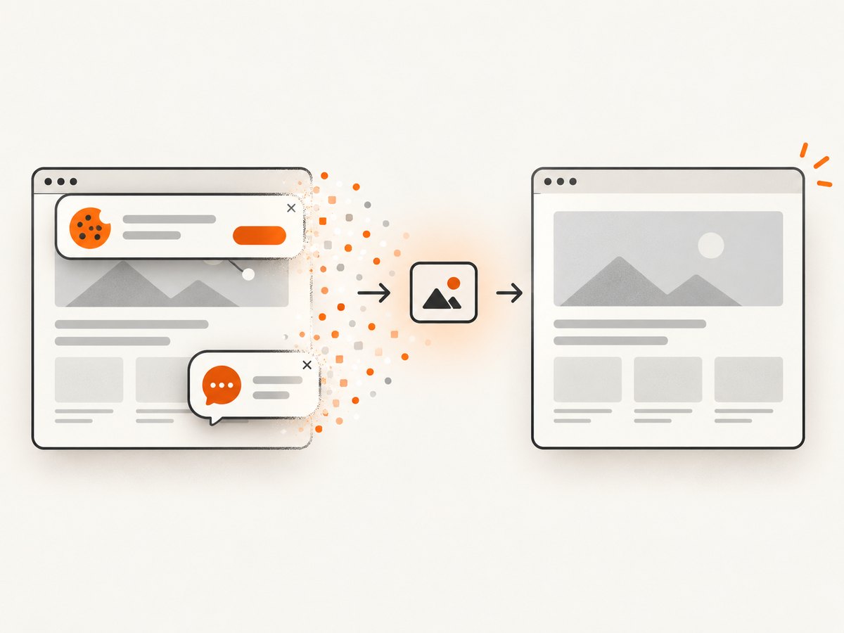 ScreenshotNeo removes common consent and overlay clutter before producing the image.