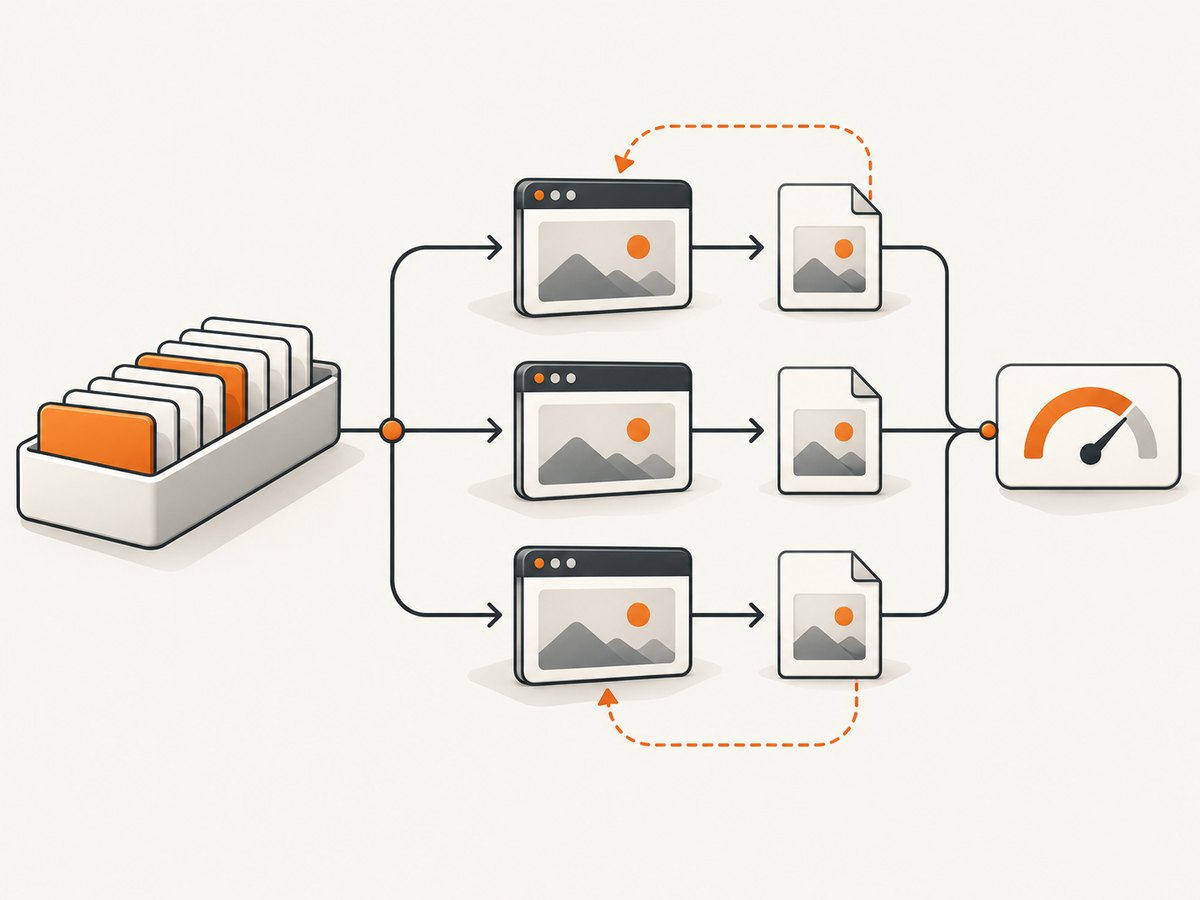 A Cluster queue distributes screenshot jobs to browser workers while retries and completion are tracked.