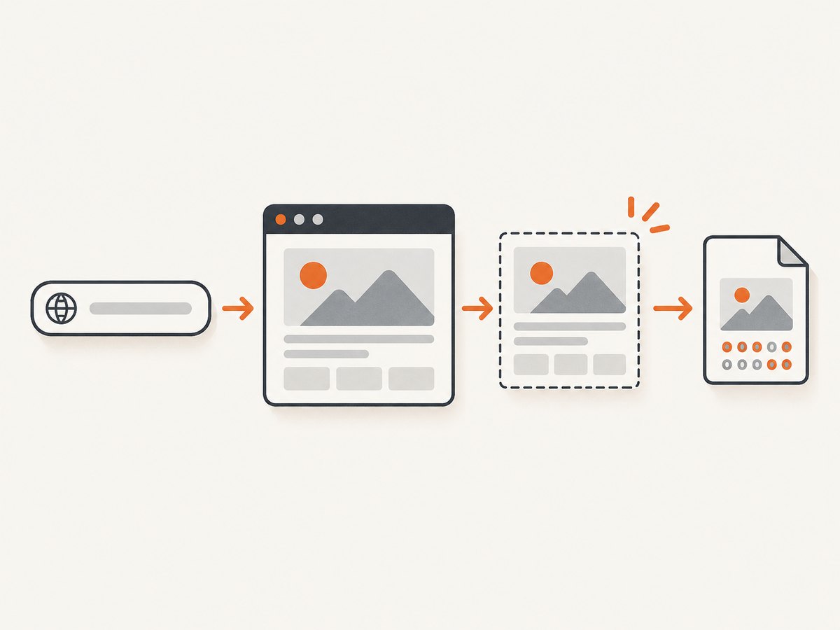 Puppeteer Core launches a selected browser, renders a page, then returns screenshot bytes or saves them to a path.