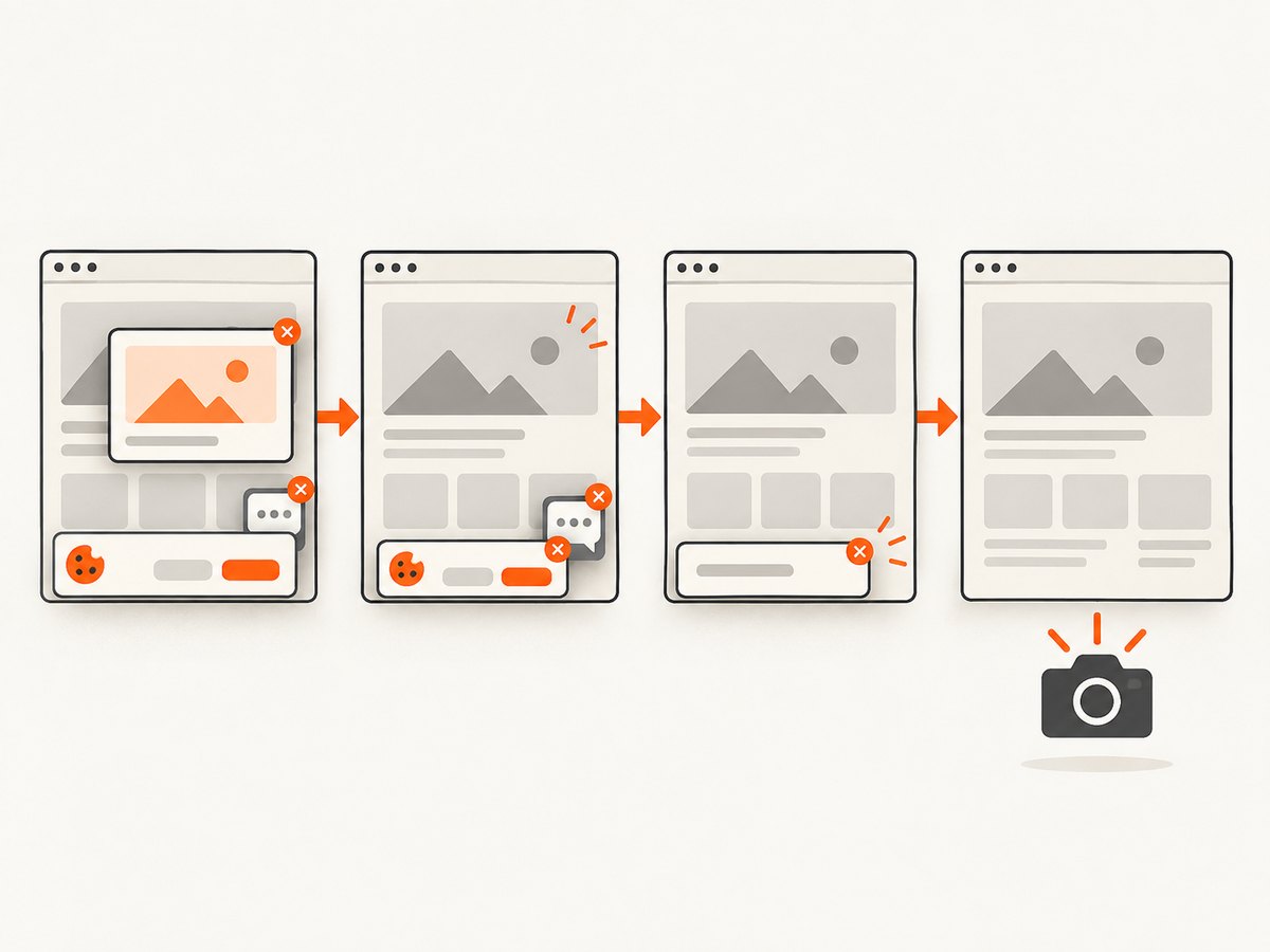 ScreenshotNeo removes common consent banners, popups, and chat widgets before capture.