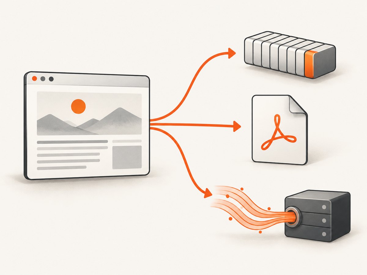Puppeteer can return PDF bytes, write to a path, or provide a readable stream.