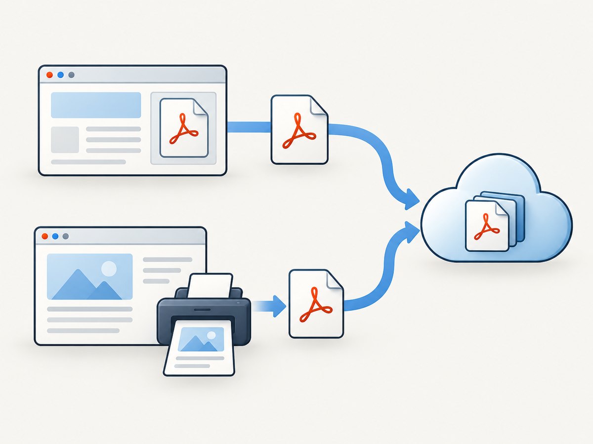 Fetching a hosted PDF and printing a page are separate paths that meet at the Drive upload step.
