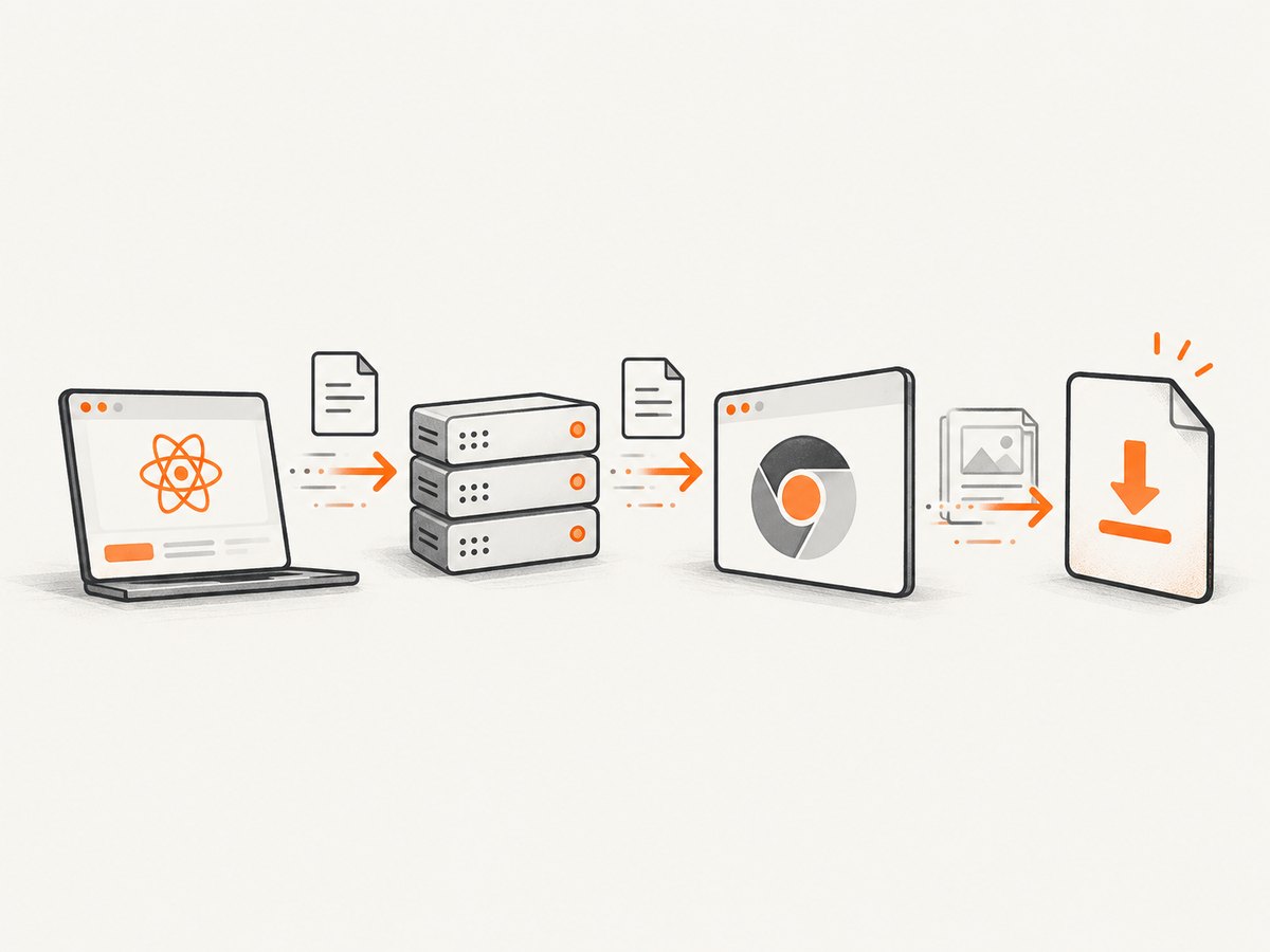 The request, server-side browser render and PDF download form one controlled pipeline.