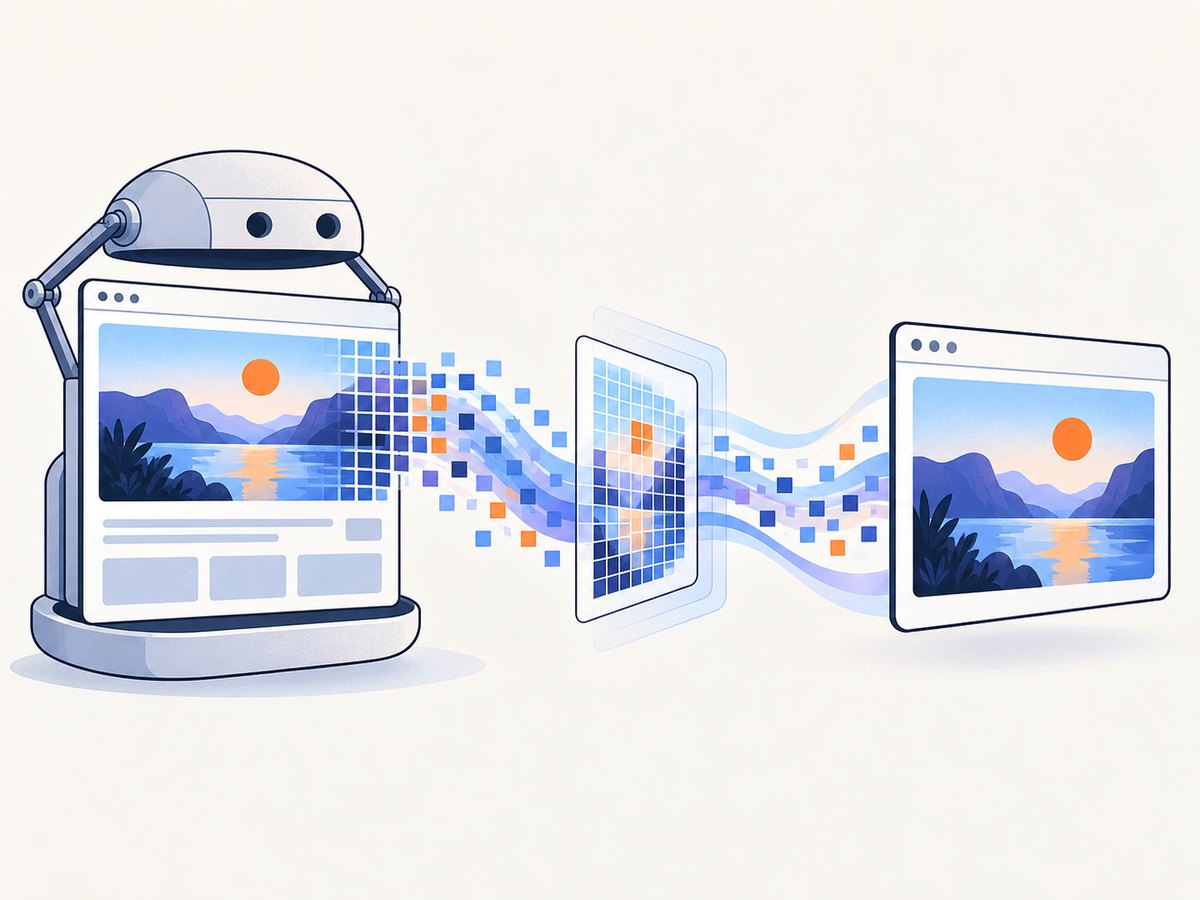 Puppeteer captures pixels in memory, and the browser renders them through a data URL.