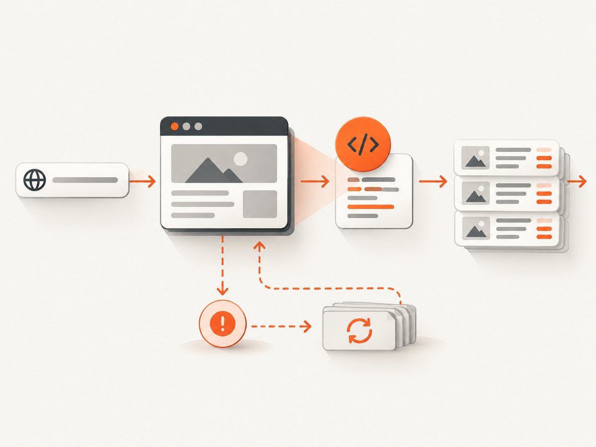 A scraper turns a URL into rendered content, extracted records, and observable job outcomes.