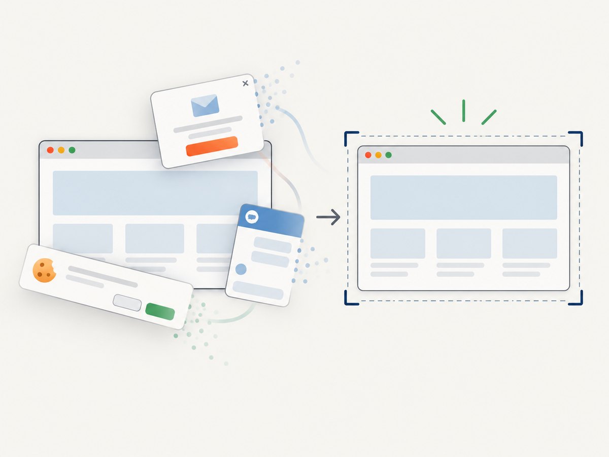 A screenshot service can remove common overlays before capturing a public page.
