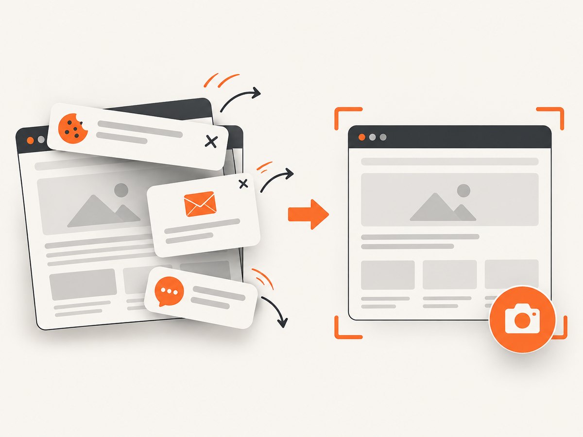 Consent banners, popups, and chat widgets can be handled before an automated capture.