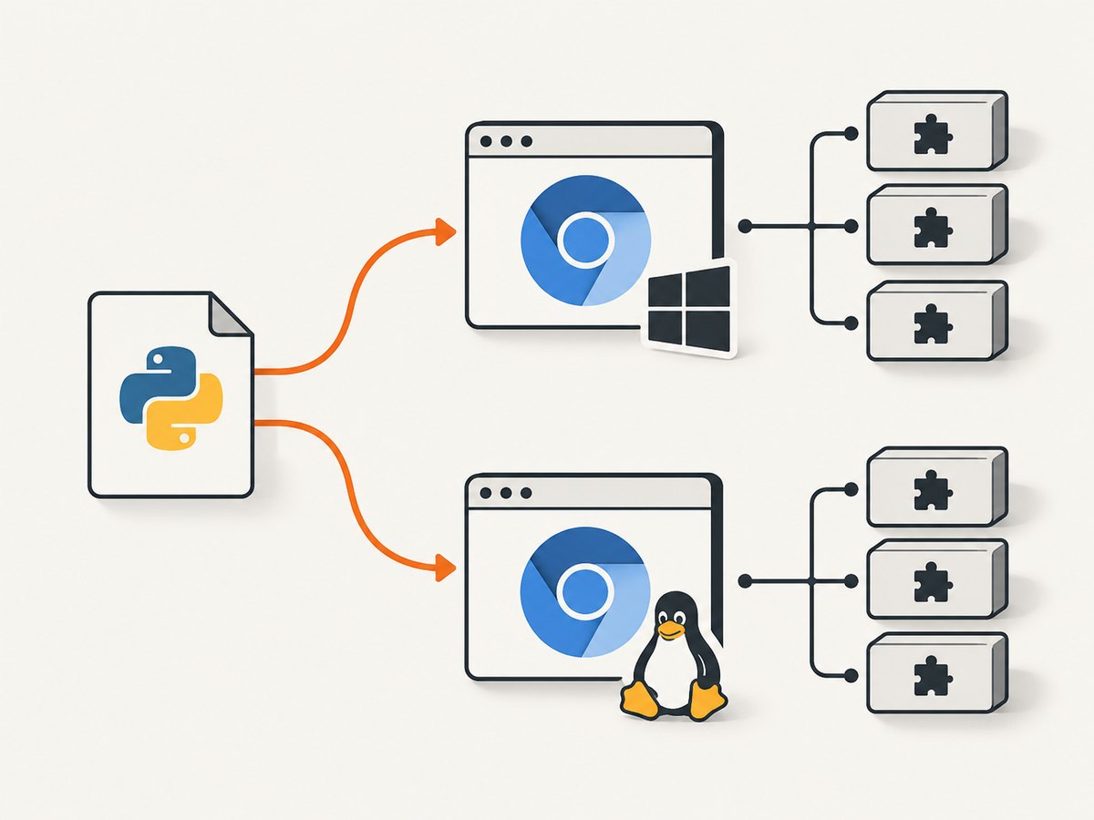The same Pyppeteer code can reach different browser binaries and operating-system dependencies.