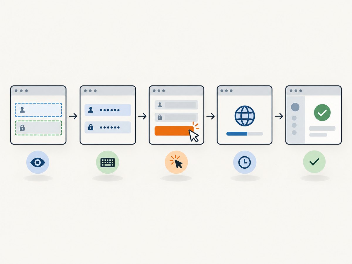 A reliable flow waits for controls, synchronizes a navigation-triggering click, and checks the resulting site state.