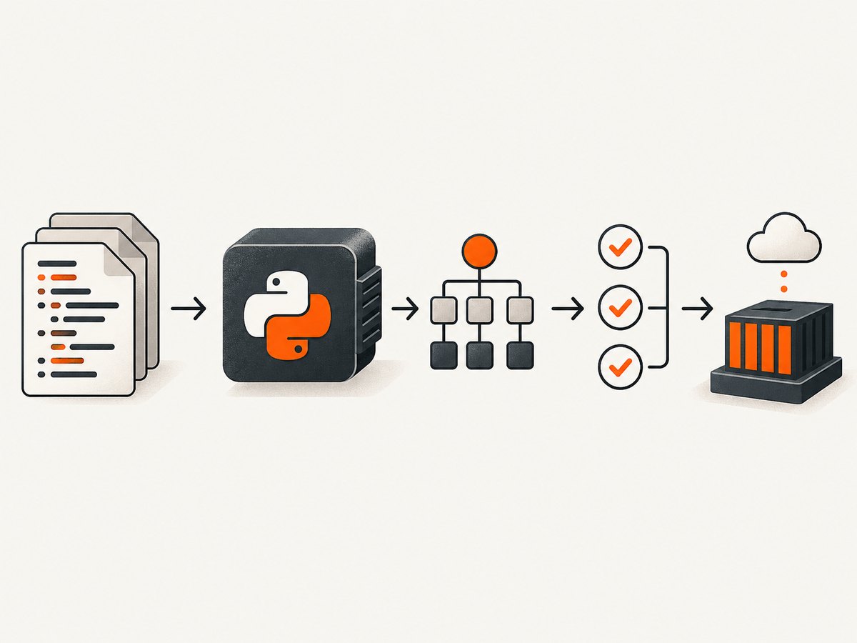 Python code moves from the interpreter through data, tests, and a running application.