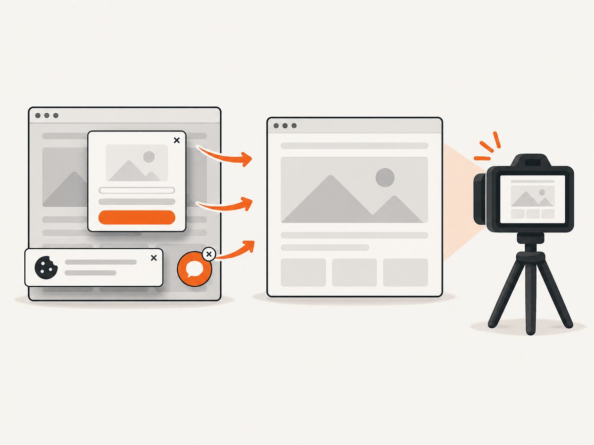 Consent banners, popups, and chat widgets are removed before a clean screenshot is captured.