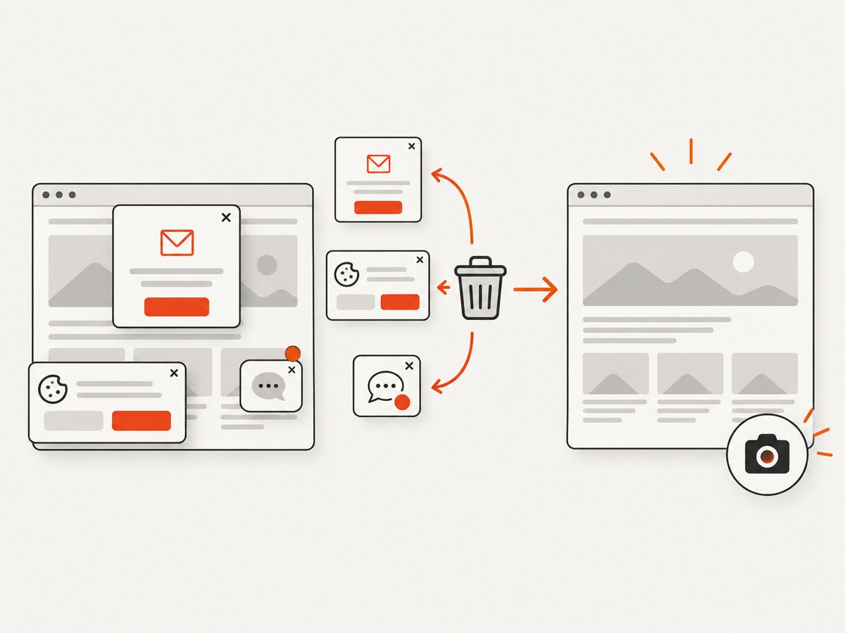 A browser-backed capture can remove common overlays before saving the page image.