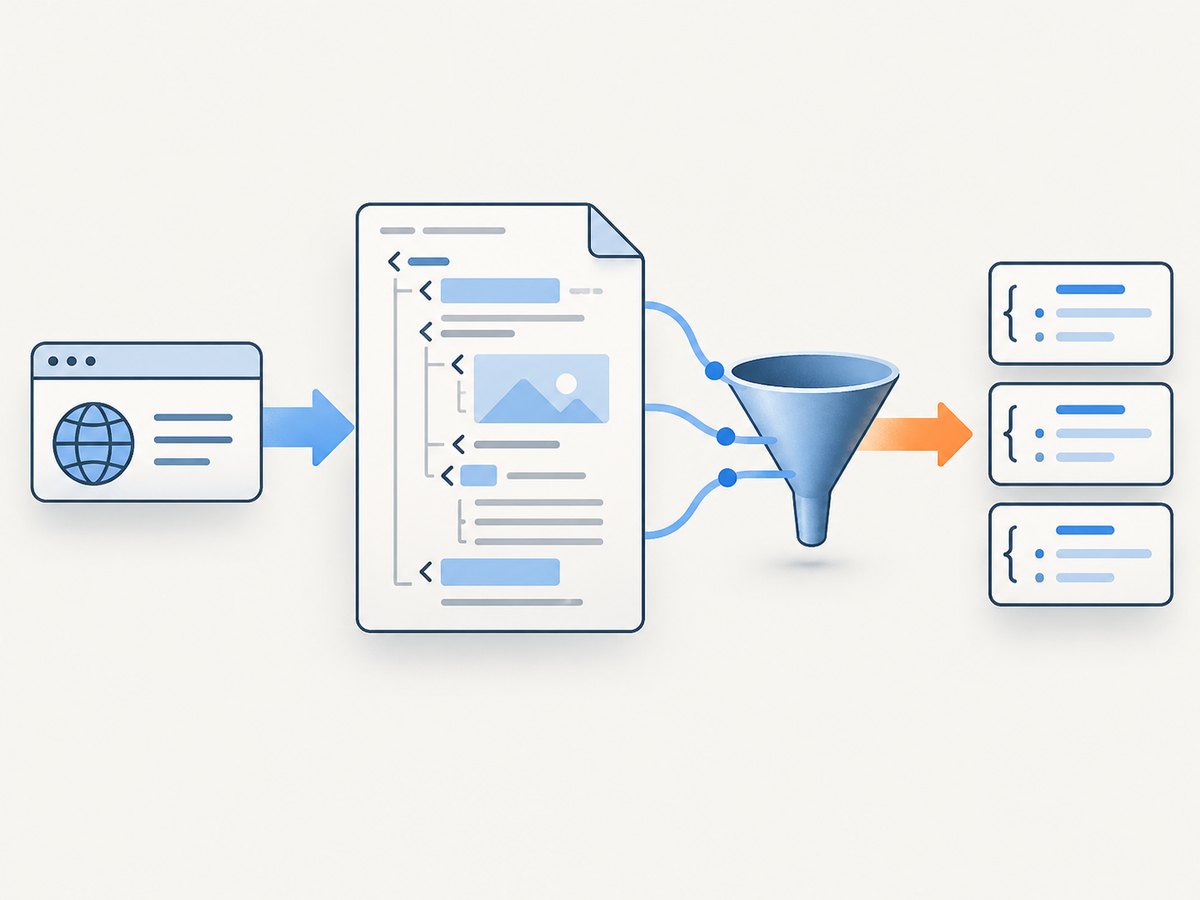 A scraper separates retrieval, parsing, selection, and structured output.