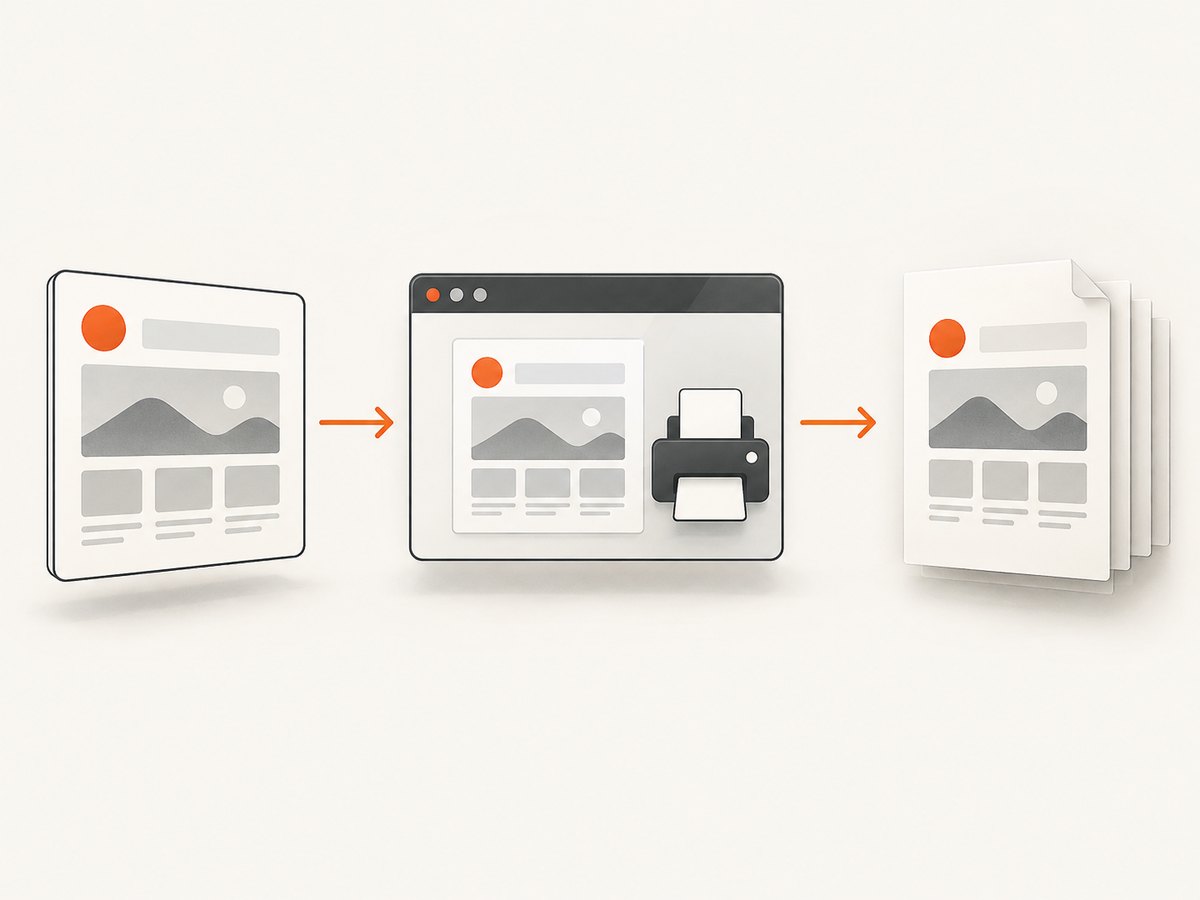 The same React DOM can be sent to the browser print flow, a canvas-based exporter, or a headless browser.
