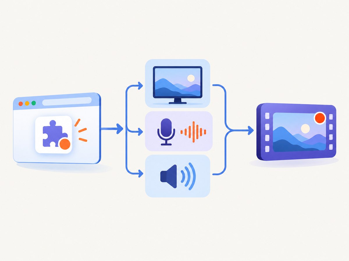 The capture flow: choose a display, add audio sources, record, then review the file.