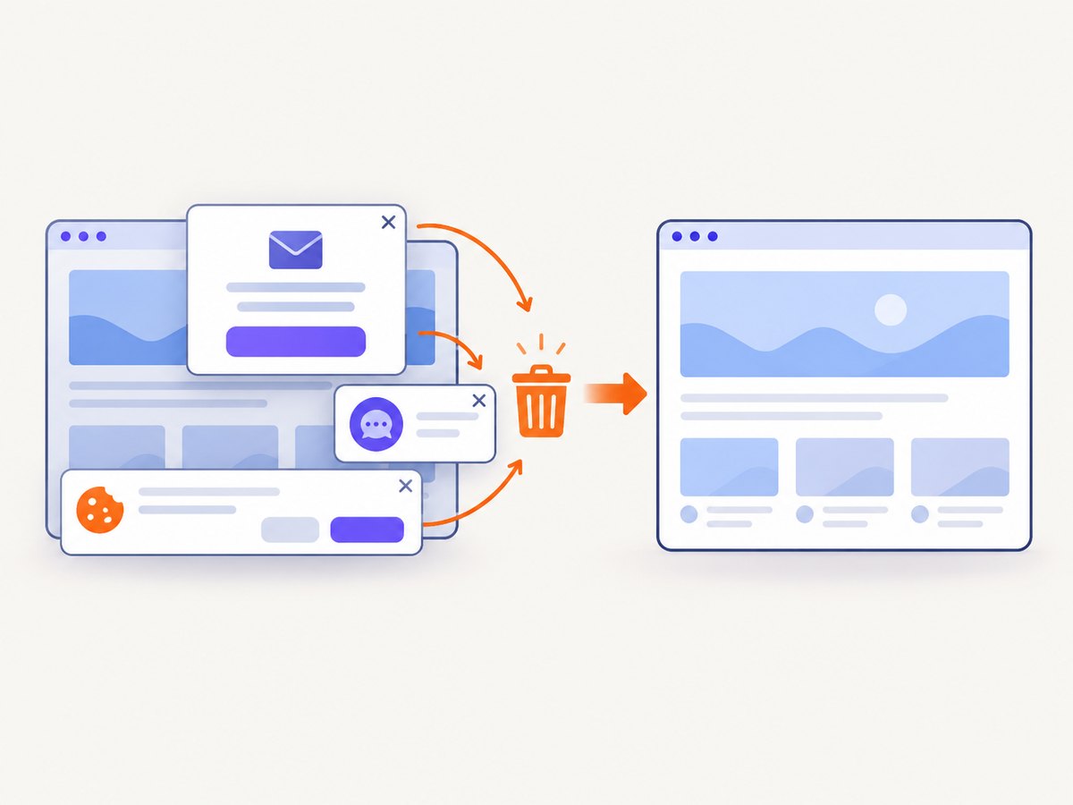 Automated page capture can remove common consent and overlay elements before producing a clean image.