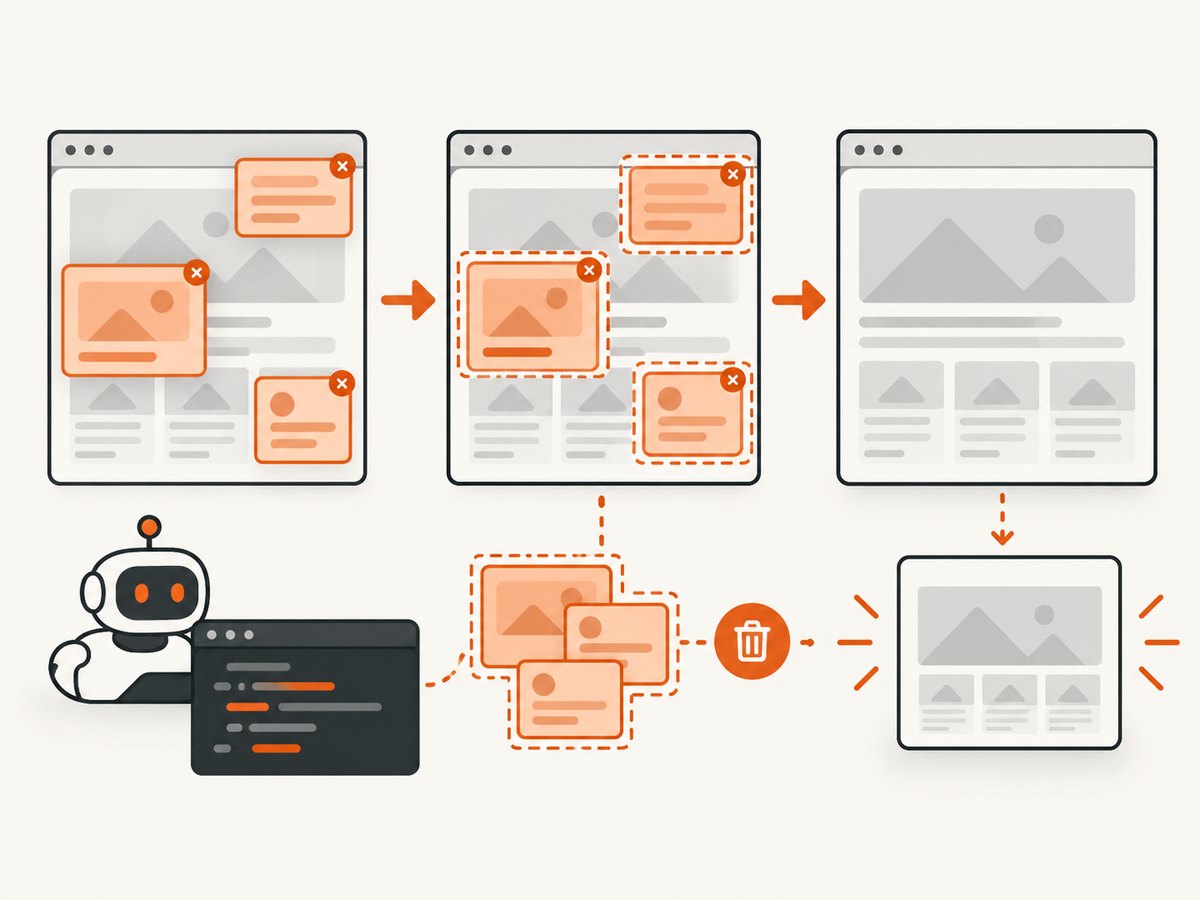 Puppeteer queries every matching node, removes it in the page context, then captures the cleaned document.