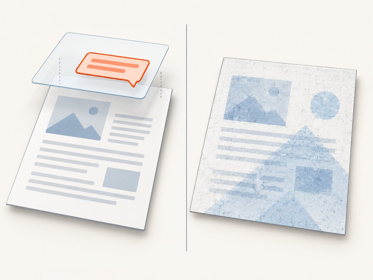A stamp comment and a mark baked into a scanned page need different handling from a PDF watermark object.