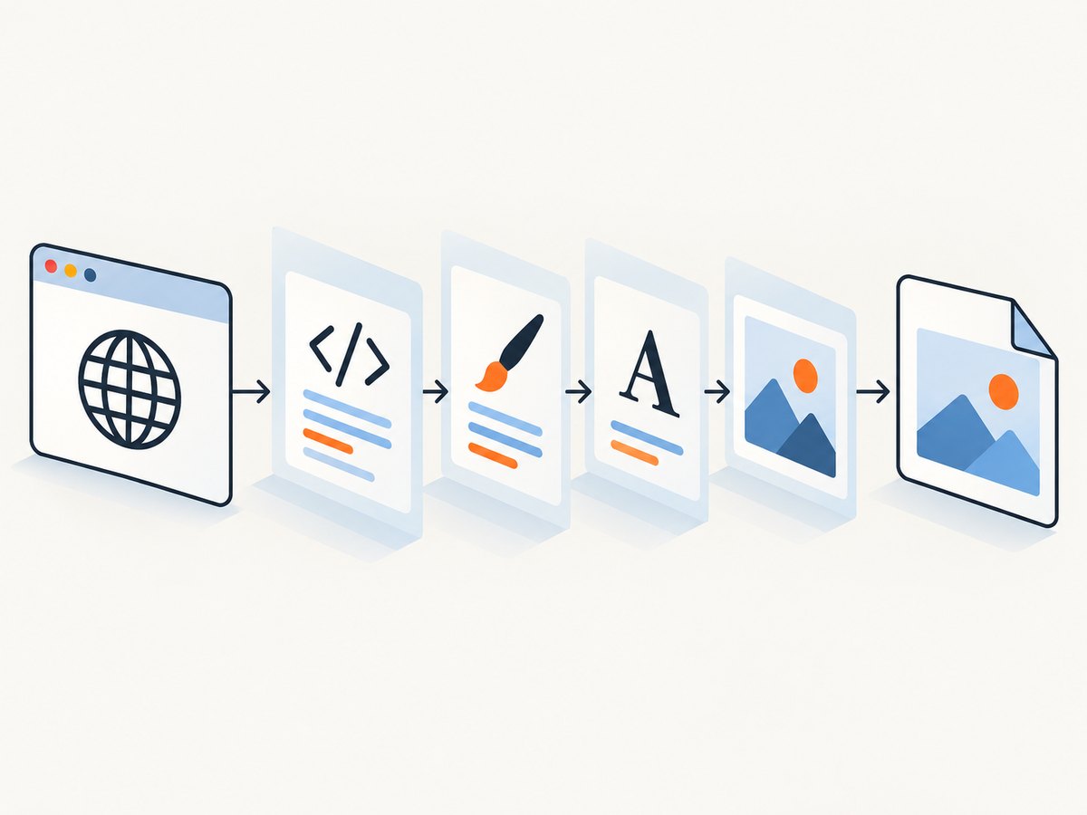 A browser resolves HTML, styles and assets before encoding the painted page as PNG.